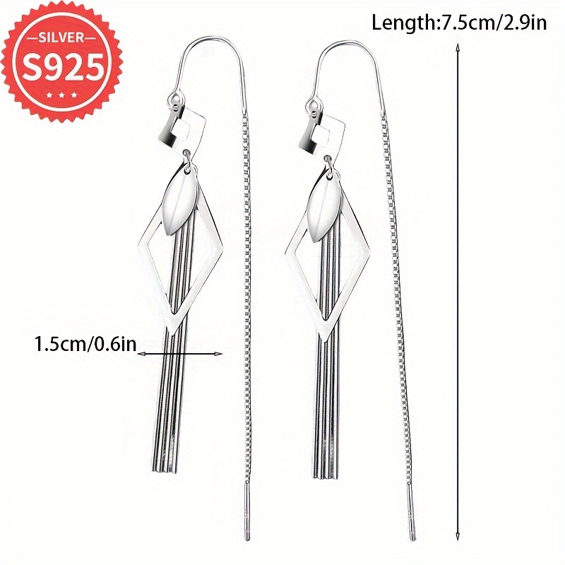 925 Silver Tassel Earrings Geometric Diamond Hollow Dangle Hypoallergenic Fringe